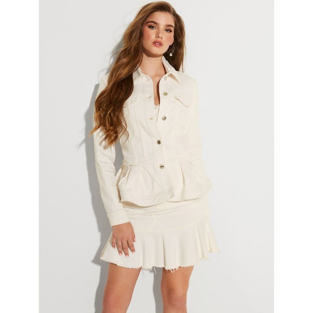 GUESS USA White Denim Ruffle Mini Skirt NWT Low Rise Raw Hem Y2K